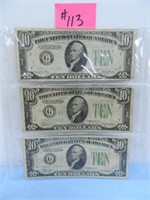 (3) 1934 Ser. $10 Federal Reserve Notes, Green