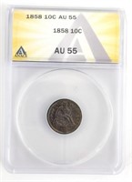 1858 U.S. Liberty Seated Dime ANACS AU 55