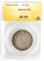 1859-O U.S. Liberty Seated Half Dollar ANACS AU 50