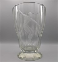 Discus Thrower Intaglio Etched Glass Vase 10"