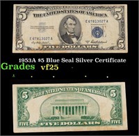 1953A $5 Blue Seal Silver Certificate Grades vf+