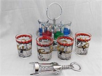 Four small vintage bar scene glasses - corkscrew