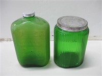 Two Vtg Green Glass Jars Tallest 10"