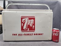 Vintage 7 UP metal cooler with flip up lid.  "The