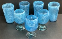 Blue Swirl Blown Art Glass Drinkware Lot