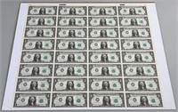 32pc Uncut Sheet 1985 Series $1 Notes