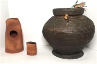 Lidded Woven Basket & Terracotta Potter Pieces