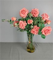 Cyclindrical Glass Vase W/ Bouquet Of Silk Roses