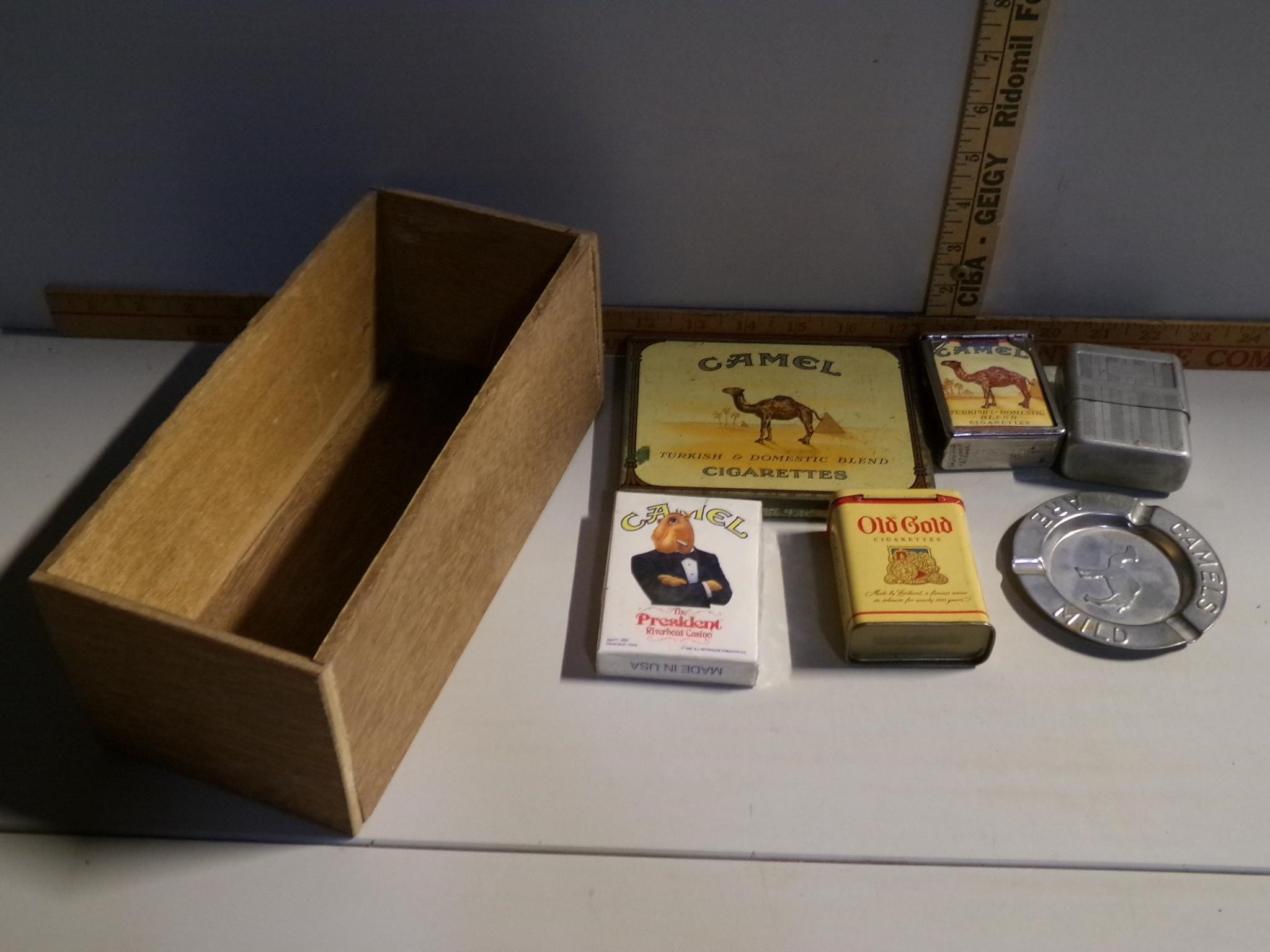 Wood box with Camel tin, Deck of cards,