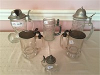 6 Unmatched glass stein - Hat w/pewter lid,