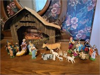 Nativity, cardboard barn, figures marked Italy,