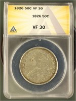 US Coins 1826 Capped Bust Half Dollar VF30 ANACS