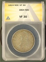 US Coins 1824 Capped Bust Half Dollar VF30 ANACS