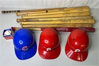 Wooden Baseball Bats, Balls,& Plastic Helmets