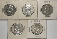 Lot of 5: Franklin Half Dollars