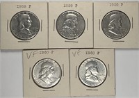 Lot of 5: Franklin Half Dollars