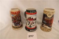 2 BUDWEISER STEINS & 1 MILLER STEIN