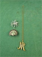 Peacock brooch, silvertone brooch, M necklace