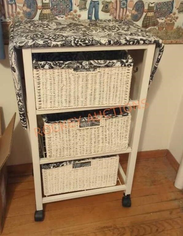 Laundry room basket cart with ironing board top
