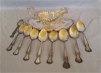 Silver plated gravy boat and spoons