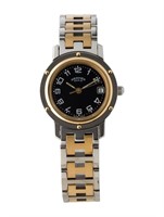 18K Gold-Pl. Hermes Clipper Black Dial Watch 24mm