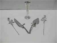 Two Metal Roses Vase & Cake Utensils Tallest 13"