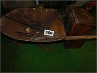 POTATO BIN & WHEEL BARROW W/WAGON WHEEL