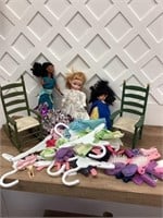 Doll chairs, dolls and clothing