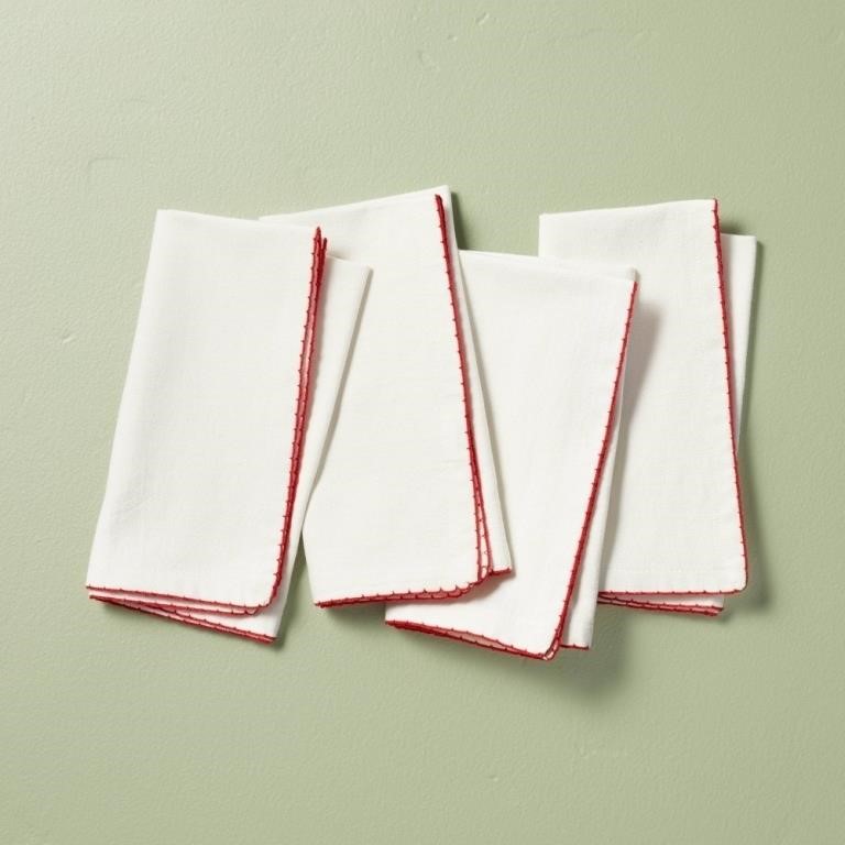 4pk Embroidered Trim Cloth Napkins Cream/Red