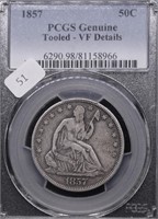 1857 PCGS VF DETAILS SEATED HALF DOLLAR