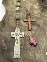 Coral Inlay Cross & Round Coral Sterling Pendants