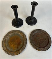 ANTIQUE TIN ABC PLATES AND CANDLESTICKS