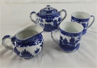 Blue Willow creamer sugar bowl and cups
