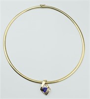 14KYG Omega Necklace, Tanzanite and Diamond Slide.