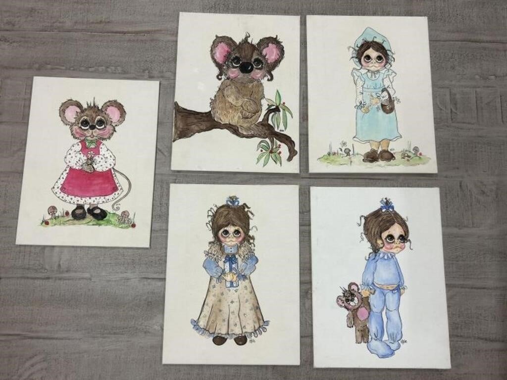Girl/Animal Drawings on Canvas by Elsie, 5 pieces