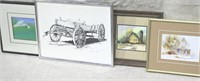 4 Framed Prints: Wagon, Barn, Cow, City