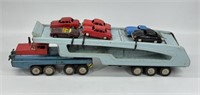 VINTAGE JAPAN TIN FRICTION CAR HAULER W/ CARS