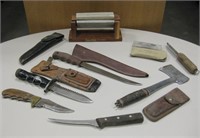 Assorted Knives, Sheaths & Sharpening Stones