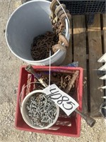 2 BUCKETS--LOG CHAINS, LOAD BINDER, TIRE WRENCH,