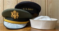Three Vintage Military Hats Army Navy