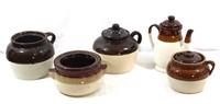 5 Vtg. 2-Tone Stoneware Bean Pots & Teapot