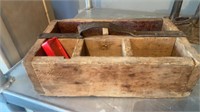 OLD WOODEN TOOL BOX WITH SOME HARDWARE