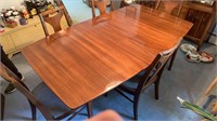 MCM walnut dining table, pads, and 6 chairs