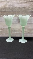 2 Large 12.5" Tall Frosted Heavy Glass Candle Hold