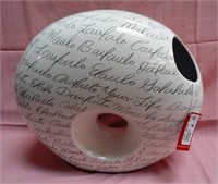 ROUND WHITE VASE WITH WORDS ON IT