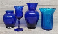 (4) Vintage Blue Glass Vases