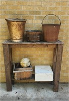 Planter Shelf, (2) Metal Buckets, Wood Planter