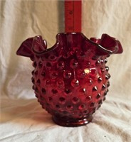 Vintage Fenton Ruby Red Hobnail Ruffled Vase