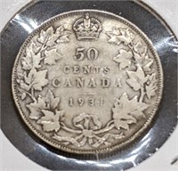 1931 Canadian Silver 50-Cent Half Dollar Coin