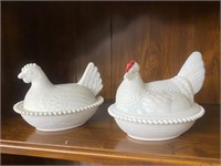 2 Milk Glass Nesting Hens